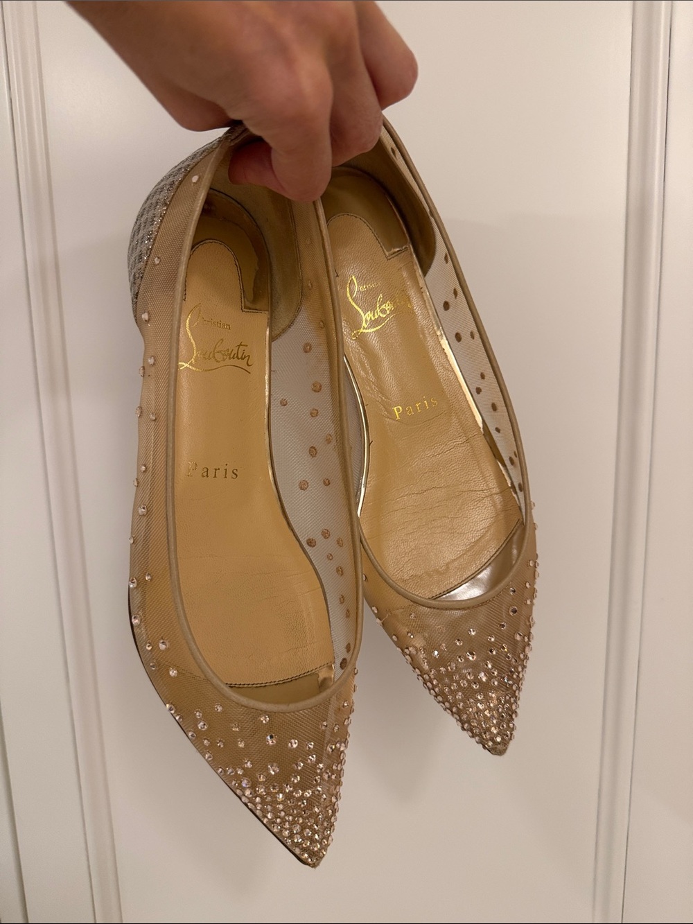 Christian Louboutin Nude Pointed Crystal-Embellished Flats - Picture 5 of 6
